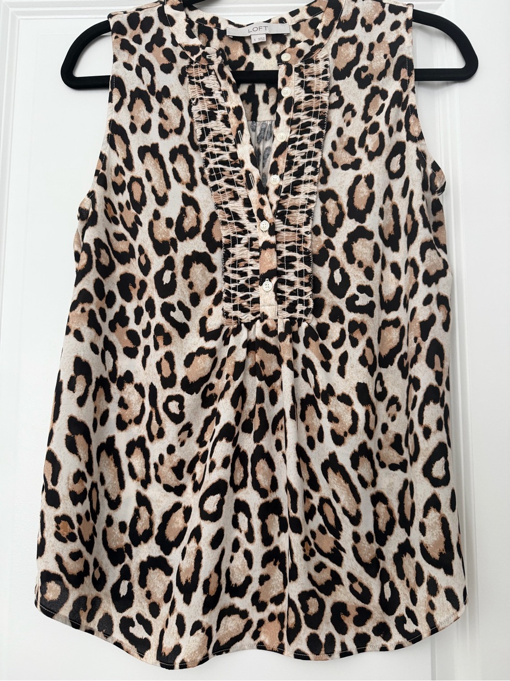 LOFT Leopard Print Sleeveless Ruffle-Placket Blouse in Beige and Brown